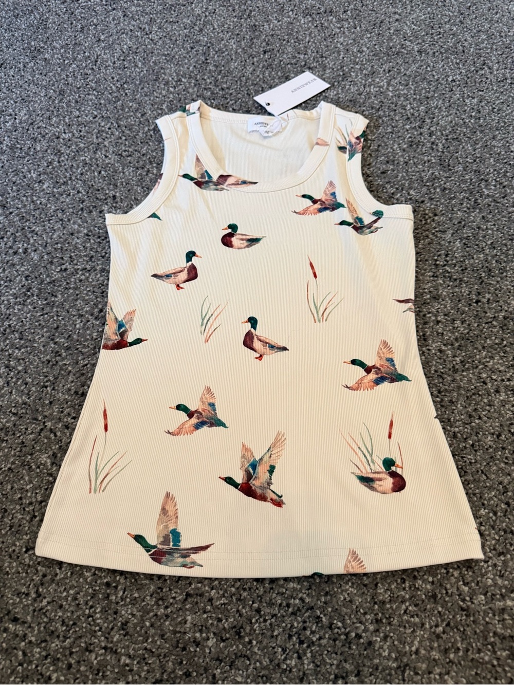 Cream Duck-Print Ribbed Tank Top